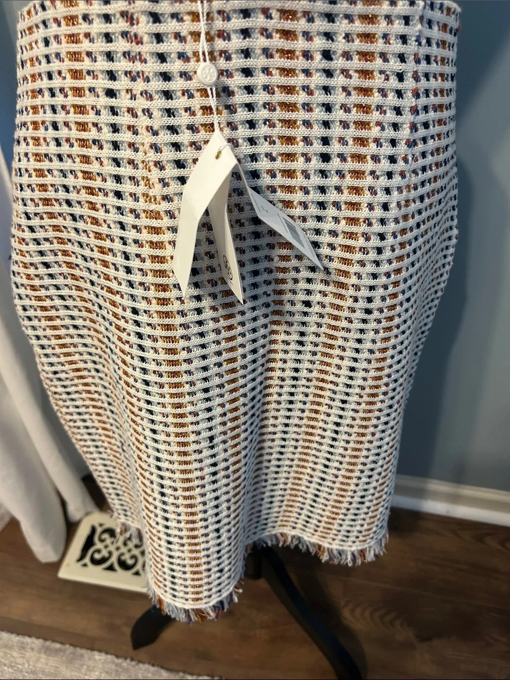 Tory Burch Hollis Skirt Striped Fringe Midi White & Blue Medium NWT